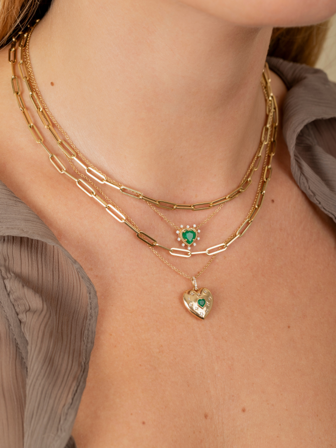 Puffy Emerald Heart Pendant Necklace 14K