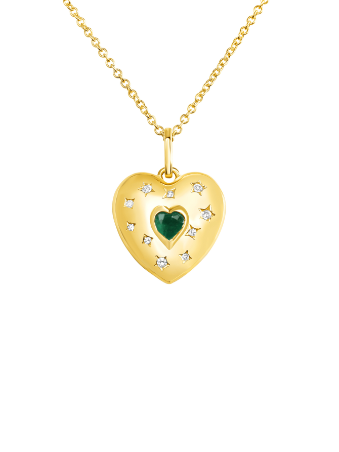 Puffy Emerald Heart Pendant Necklace 14K